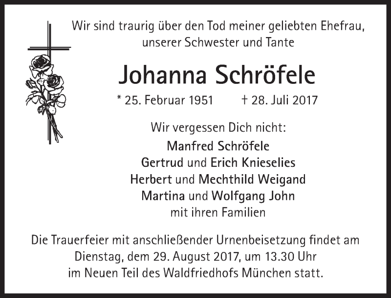  Traueranzeige für Johanna Schröfele vom 26.08.2017 aus Süddeutsche Zeitung