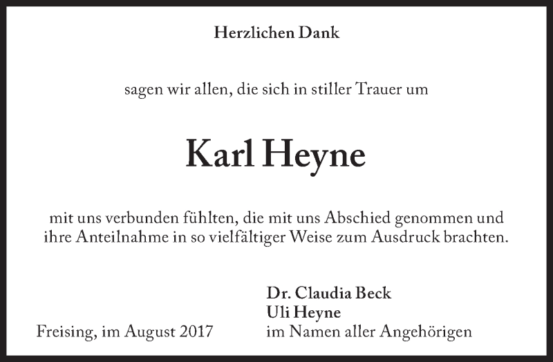  Traueranzeige für Karl Heyne vom 26.08.2017 aus Süddeutsche Zeitung