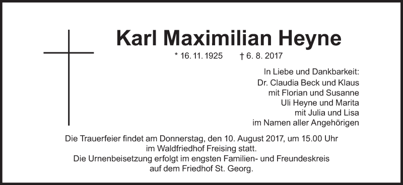  Traueranzeige für Karl Maximilian Heyne vom 08.08.2017 aus Süddeutsche Zeitung