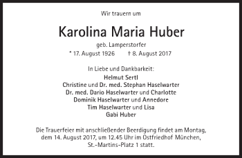 Traueranzeige von Karolina Maria Huber von Süddeutsche Zeitung
