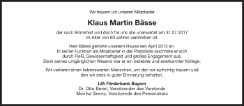 Traueranzeige von Klaus Martin Bässe von Süddeutsche Zeitung