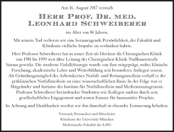 Traueranzeige von Leonhard Schweiberer von Süddeutsche Zeitung