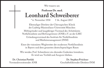 Traueranzeige von Leonhard Schweiberer von Süddeutsche Zeitung
