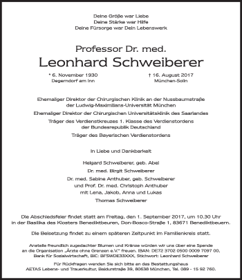Traueranzeige von Leonhard Schweiberer von Süddeutsche Zeitung