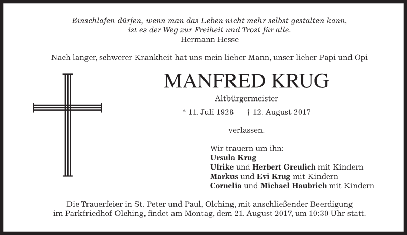  Traueranzeige für Manfred Krug vom 17.08.2017 aus Süddeutsche Zeitung