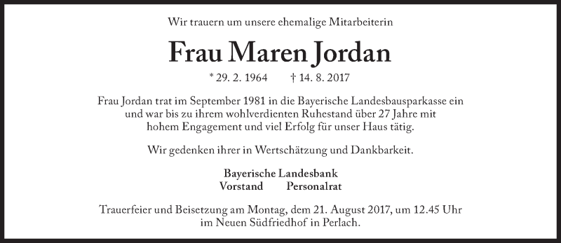  Traueranzeige für Maren Jordan vom 19.08.2017 aus Süddeutsche Zeitung