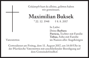 Traueranzeige von Maximilian Buksek von Süddeutsche Zeitung