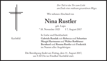 Traueranzeige von Nina Rustler von Süddeutsche Zeitung