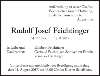 Traueranzeige von Rudolf Josef Feichtinger von Süddeutsche Zeitung