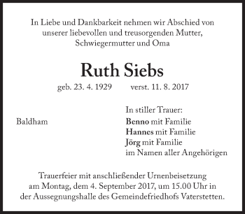 Traueranzeige von Ruth Siebs von Süddeutsche Zeitung