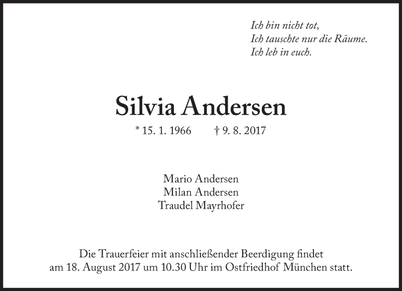  Traueranzeige für Silvia Andersen vom 16.08.2017 aus Süddeutsche Zeitung