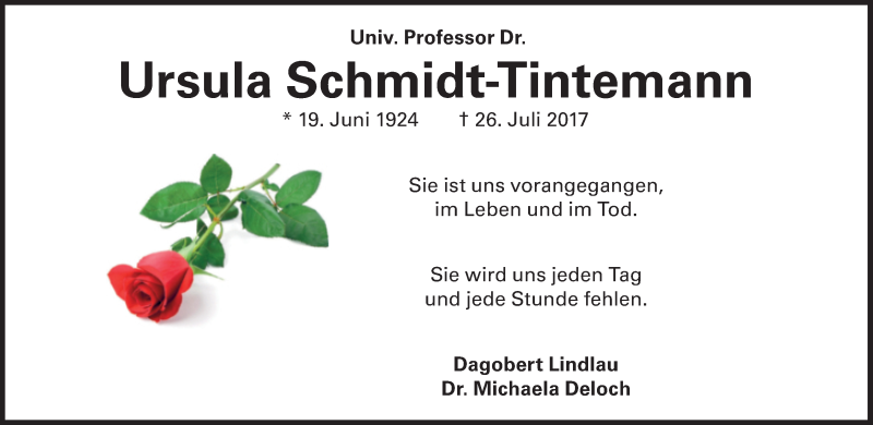  Traueranzeige für Ursula Schmidt-Tintemann vom 05.08.2017 aus Süddeutsche Zeitung