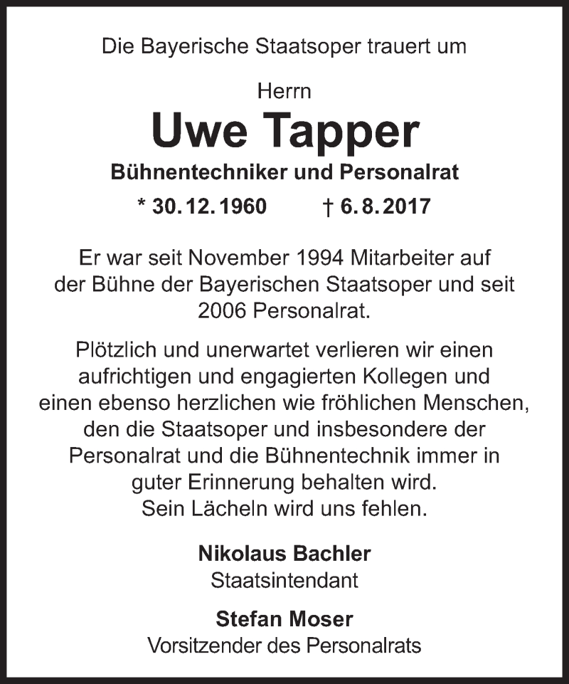  Traueranzeige für Uwe Tapper vom 12.08.2017 aus Süddeutsche Zeitung