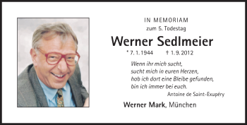 Traueranzeige von Werner Sedlmeier von Süddeutsche Zeitung