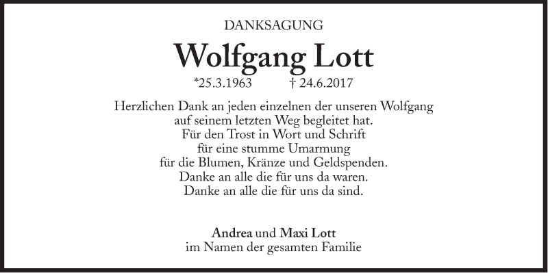  Traueranzeige für Wolfgang Lott vom 19.08.2017 aus Süddeutsche Zeitung