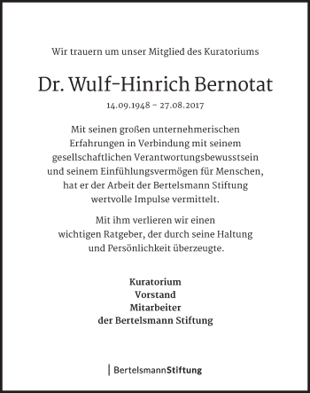 Traueranzeige von Wulf-Hinrich Bernotat von Süddeutsche Zeitung
