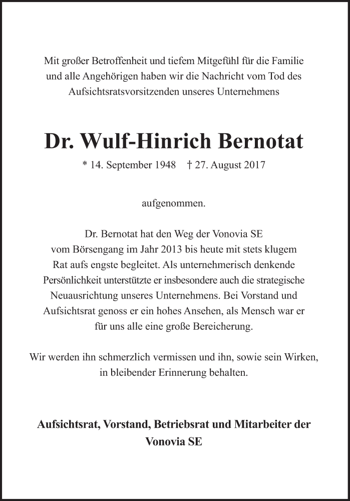  Traueranzeige für Wulf-Hinrich Bernotat vom 31.08.2017 aus Süddeutsche Zeitung