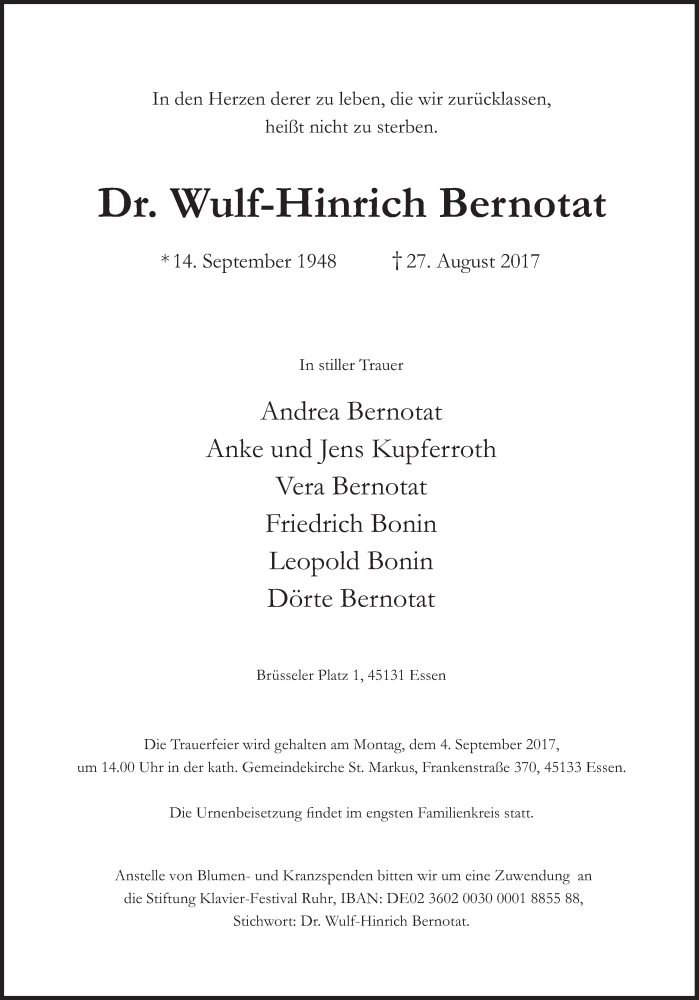  Traueranzeige für Wulf-Hinrich Bernotat vom 31.08.2017 aus Süddeutsche Zeitung