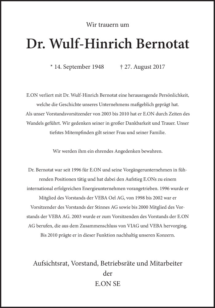  Traueranzeige für Wulf-Hinrich Bernotat vom 31.08.2017 aus Süddeutsche Zeitung