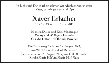 Traueranzeige von Xaver Erlacher von Süddeutsche Zeitung