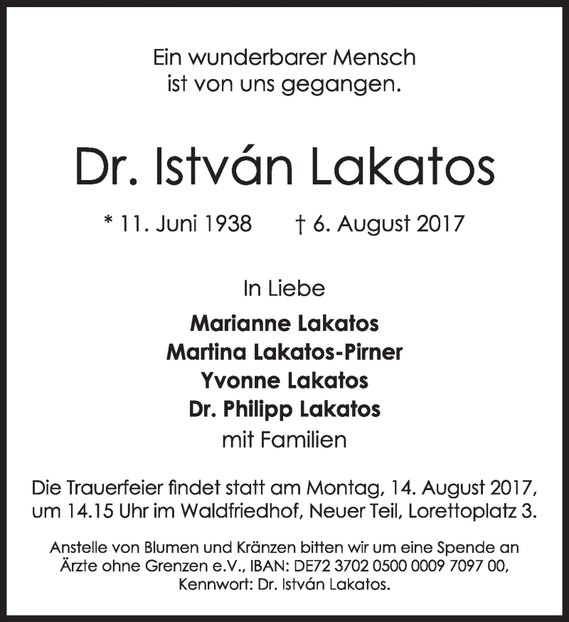  Traueranzeige für lstvan Lakatos vom 12.08.2017 aus Süddeutsche Zeitung