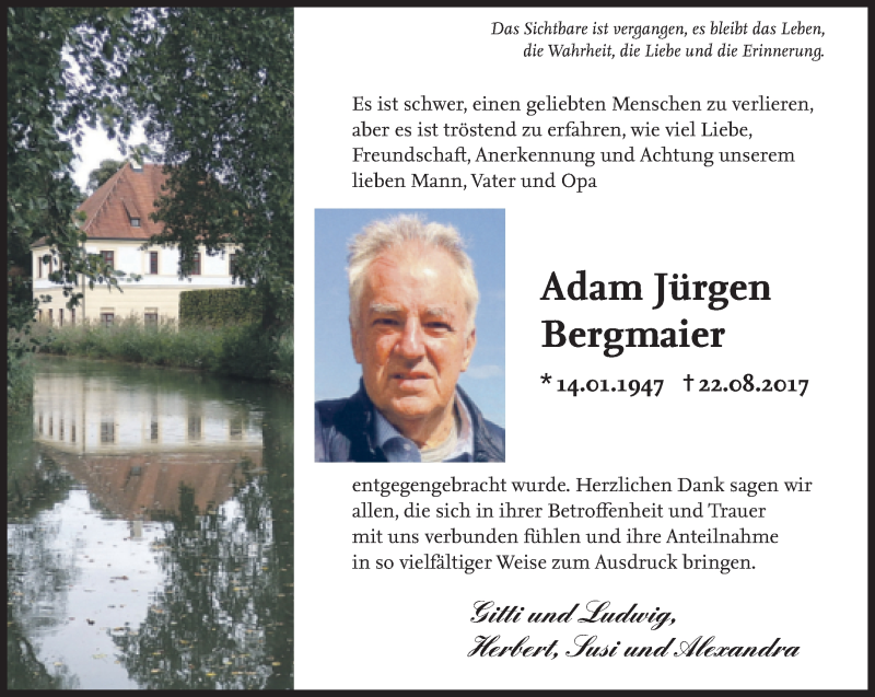  Traueranzeige für Adam Jürgen Bergmaier vom 02.09.2017 aus Süddeutsche Zeitung