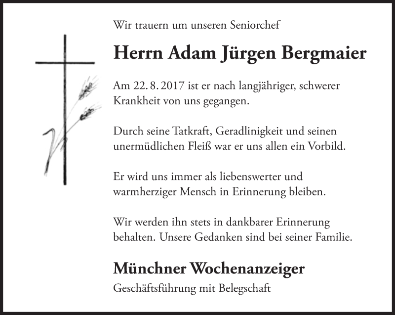  Traueranzeige für Adam Jürgen Bergmaier vom 02.09.2017 aus Süddeutsche Zeitung