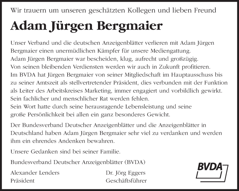  Traueranzeige für Adam Jürgen Bergmaier vom 02.09.2017 aus Süddeutsche Zeitung