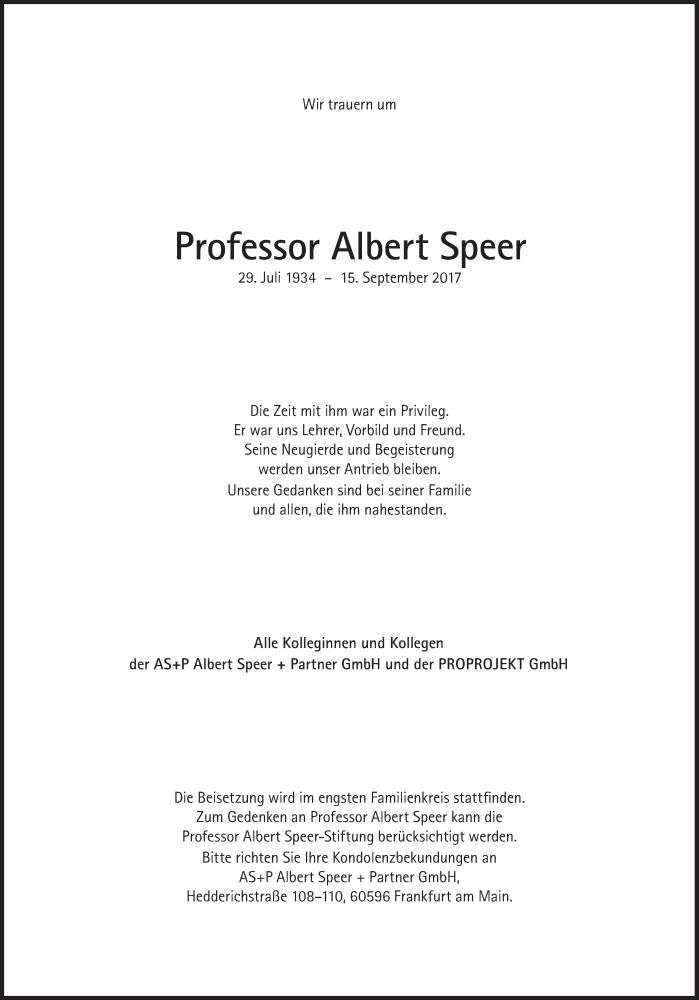  Traueranzeige für Albert Speer jun. vom 20.09.2017 aus Süddeutsche Zeitung