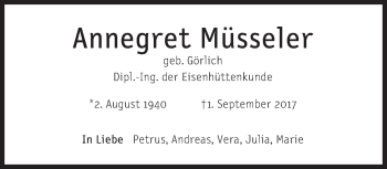 Traueranzeige von Annegret Müsseler von Süddeutsche Zeitung