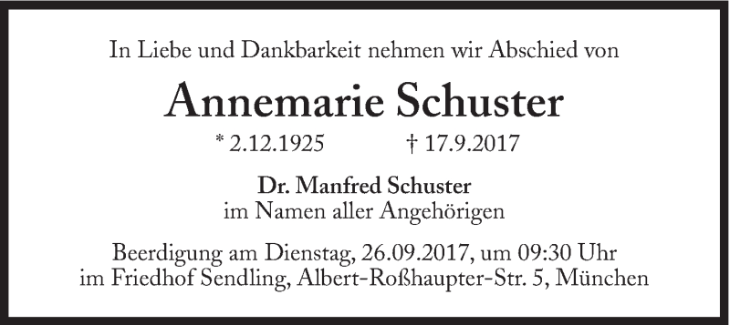  Traueranzeige für Annemarie Schuster vom 21.09.2017 aus Süddeutsche Zeitung