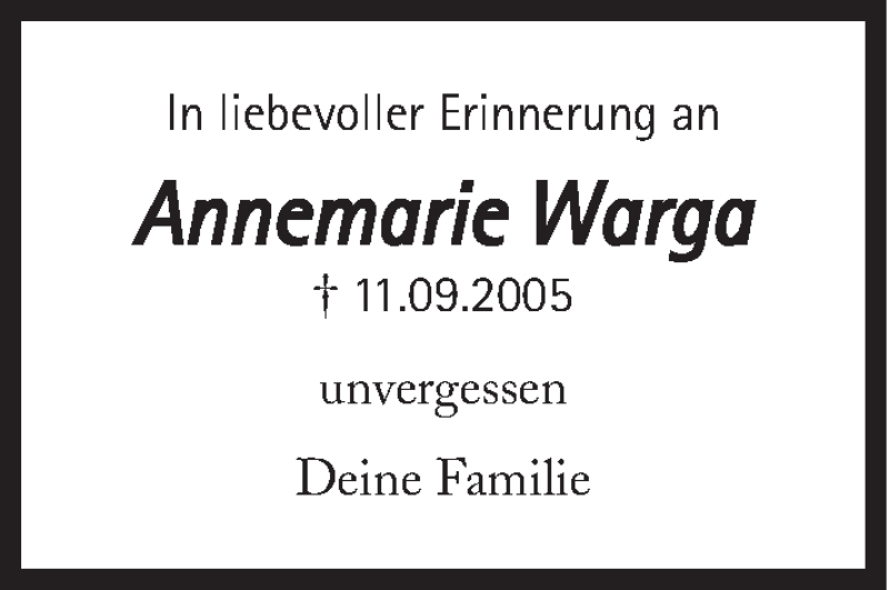 Traueranzeige für Annemarie Warga vom 11.09.2017 aus Süddeutsche Zeitung