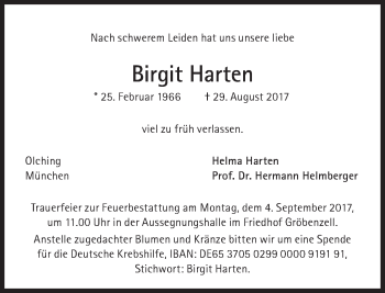 Traueranzeige von Birgit Harten von Süddeutsche Zeitung