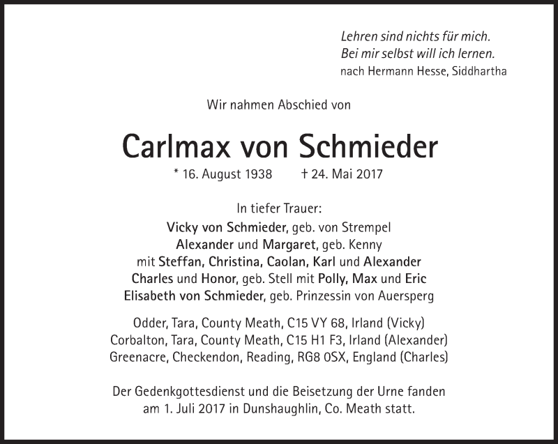  Traueranzeige für Carlmax von Schmieder vom 30.09.2017 aus Süddeutsche Zeitung