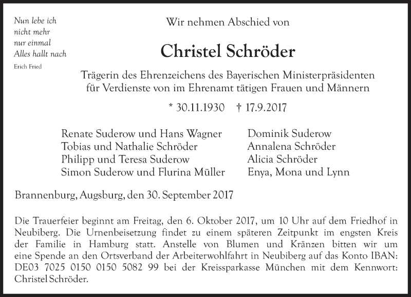  Traueranzeige für Christel Schröder vom 30.09.2017 aus Süddeutsche Zeitung