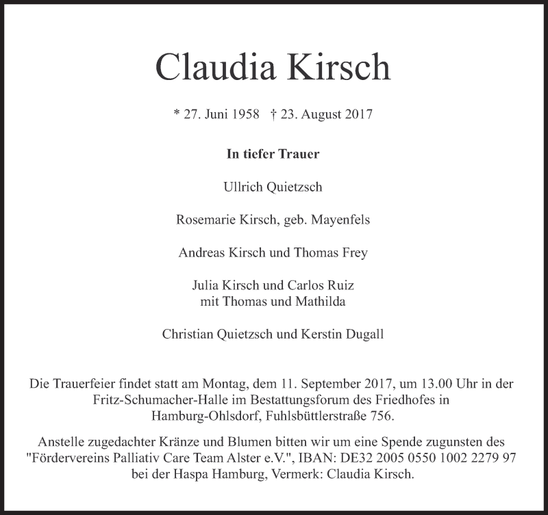  Traueranzeige für Claudia Kirsch vom 02.09.2017 aus Süddeutsche Zeitung