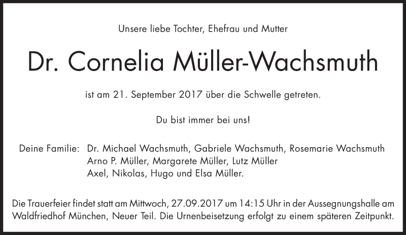  Traueranzeige für Cornelia Müller-Wachsmuth vom 26.09.2017 aus Süddeutsche Zeitung