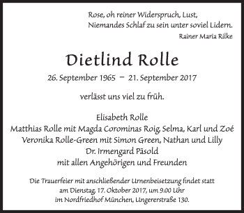 Traueranzeige von Dietlind Rolle von Süddeutsche Zeitung