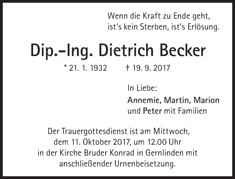  Traueranzeige für Dietrich Becker vom 23.09.2017 aus Süddeutsche Zeitung