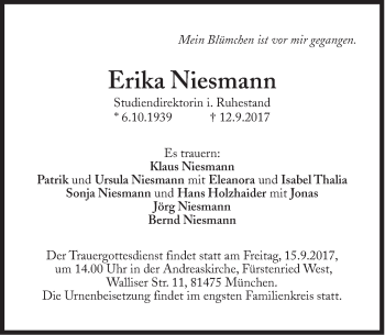 Traueranzeige von Erika Niesmann von Süddeutsche Zeitung