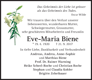 Traueranzeige von Eve-Maria Biene von Süddeutsche Zeitung