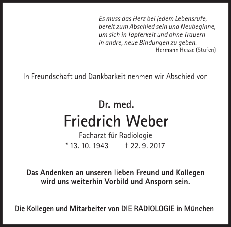  Traueranzeige für Friedrich Weber vom 30.09.2017 aus Süddeutsche Zeitung