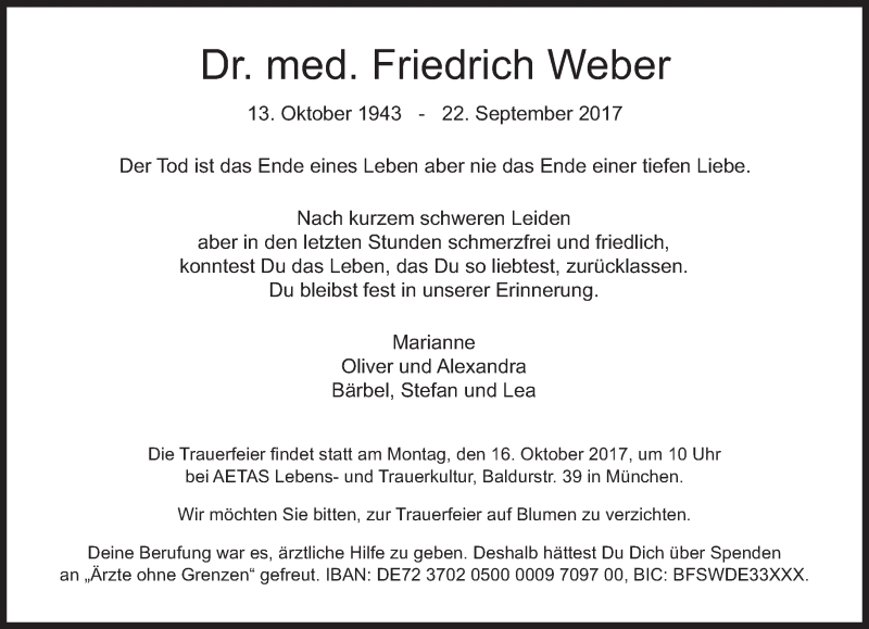  Traueranzeige für Friedrich Weber vom 30.09.2017 aus Süddeutsche Zeitung