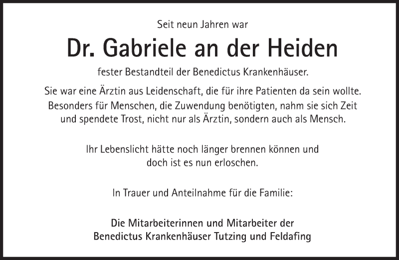  Traueranzeige für Gabriele an der Heiden vom 02.09.2017 aus Süddeutsche Zeitung