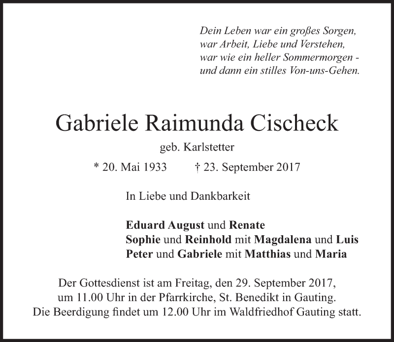  Traueranzeige für Gabriele Raimunda Cischeck vom 27.09.2017 aus Süddeutsche Zeitung
