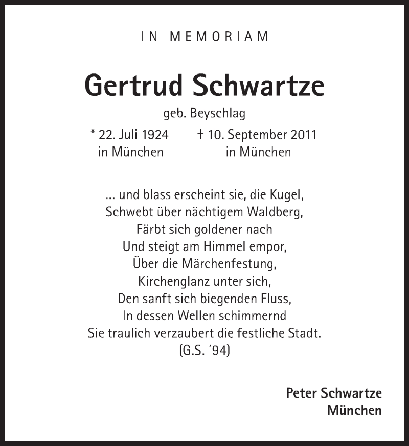  Traueranzeige für Gertrud Schwartze vom 09.09.2017 aus Süddeutsche Zeitung