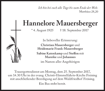 Traueranzeige von Hannelore Mauersberger von Süddeutsche Zeitung