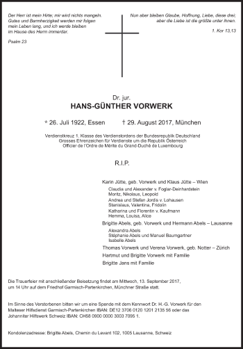Traueranzeige von Hans-Günther Vorwerk von Süddeutsche Zeitung