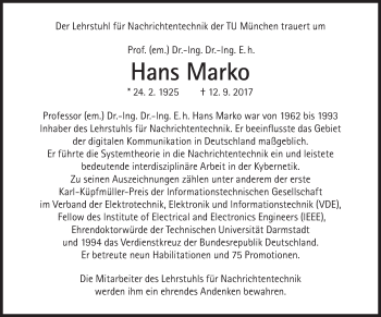 Traueranzeige von Hans Marko von Süddeutsche Zeitung