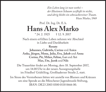 Traueranzeige von Hans Alex Marko von Süddeutsche Zeitung